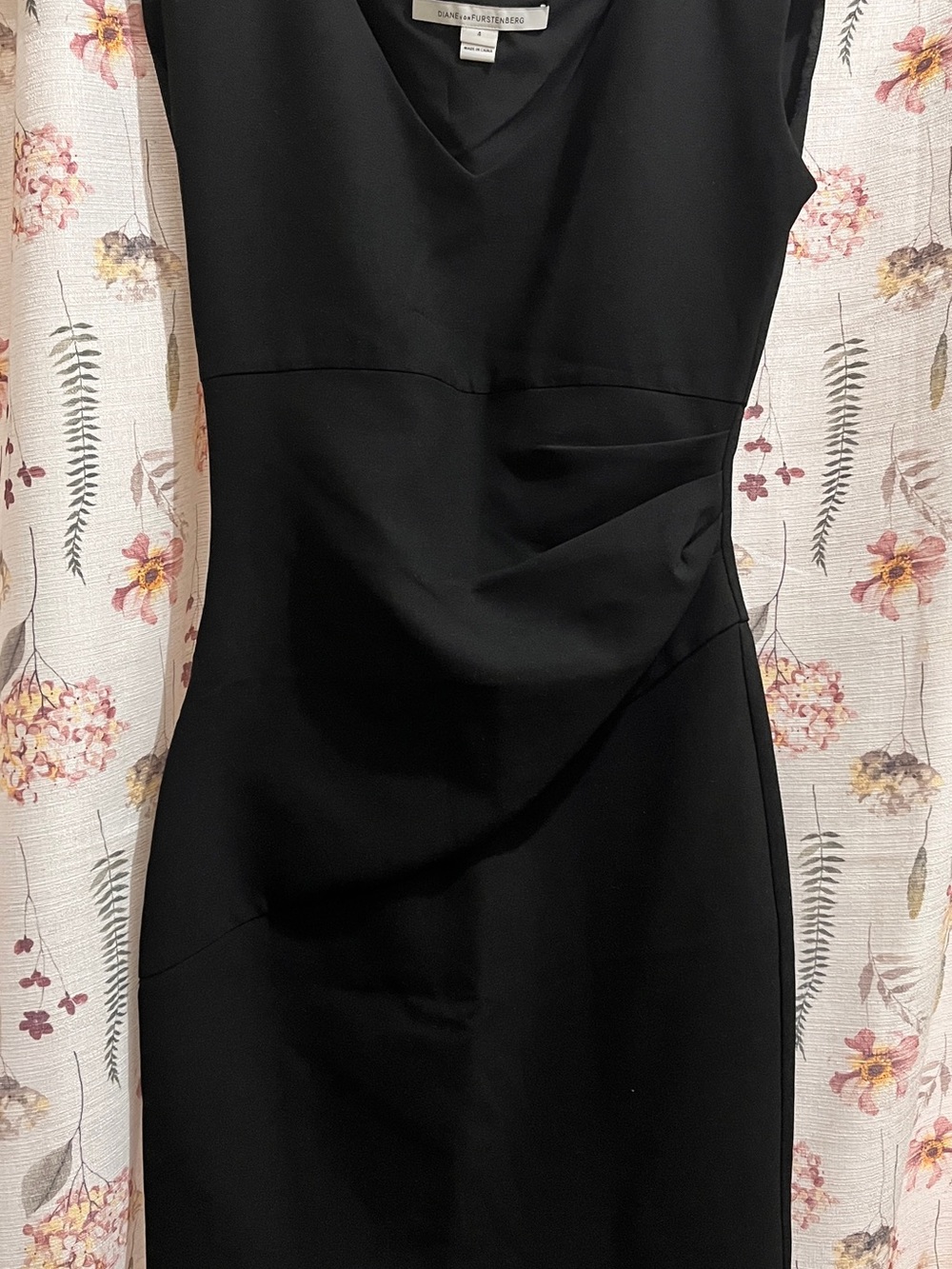 Diane Von Furstenberg Black V-Neck Midi Dress with Draped Waist